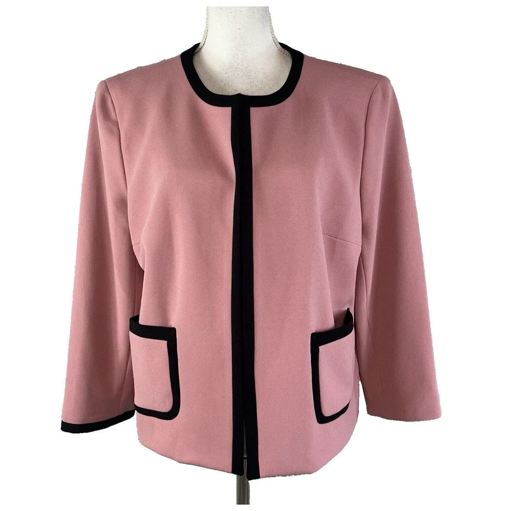 Nine West Blazer Jacket Mauve Pink Black Open Front Career Professional Church